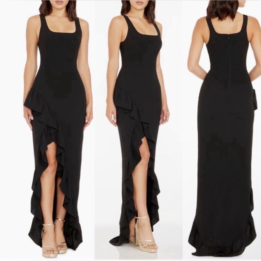 New! Dress the Population Charlene Dress Ruffle High Slit Gown Black Large $198